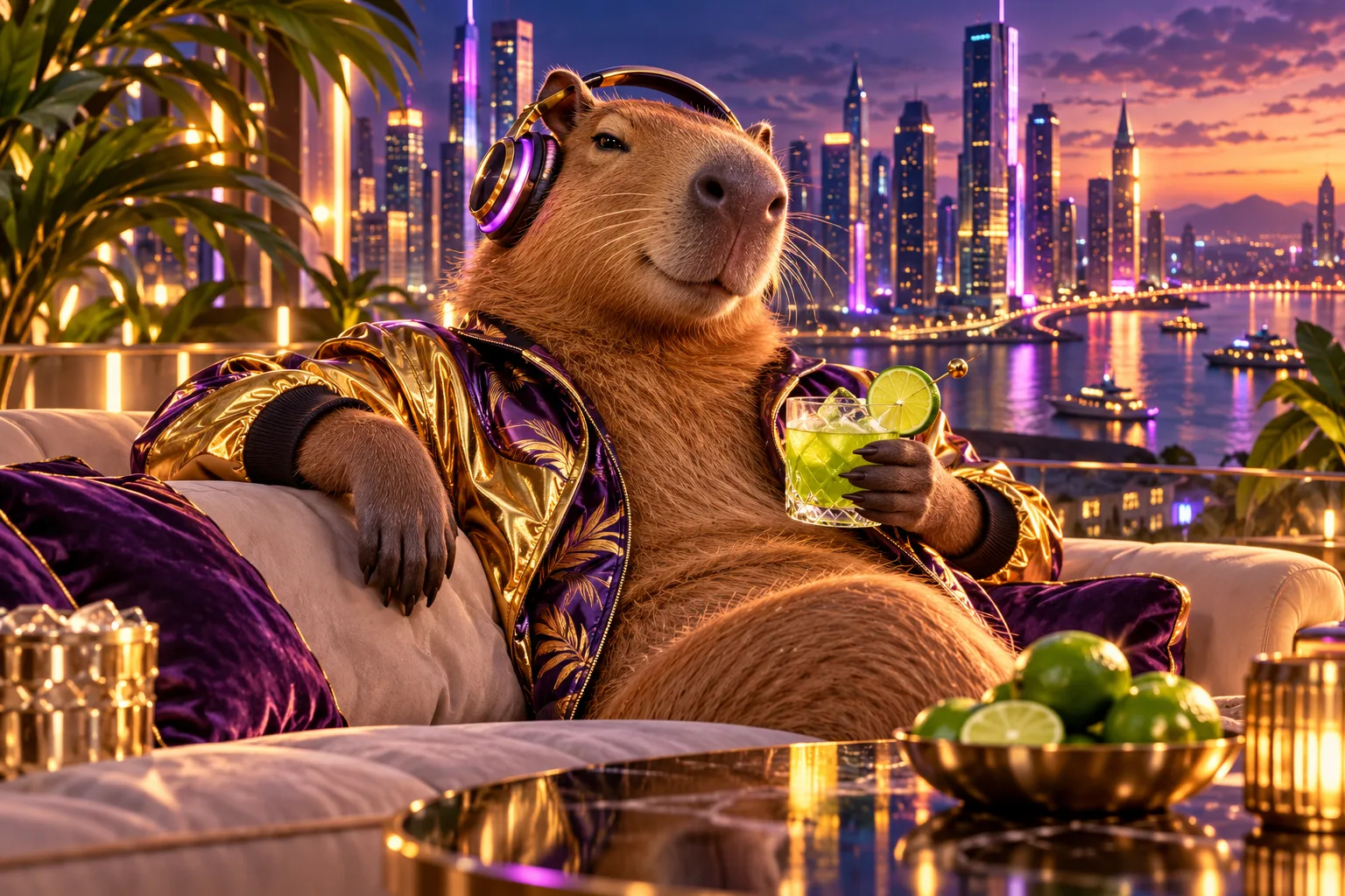 Capivara estilizada com fones em ambiente urbano futurista