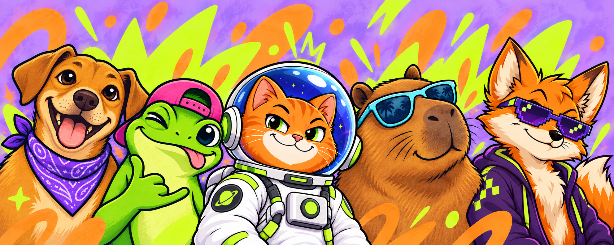 Mascotes coloridos de projetos meme: cachorro, sapo, gato astronauta, capivara e raposa