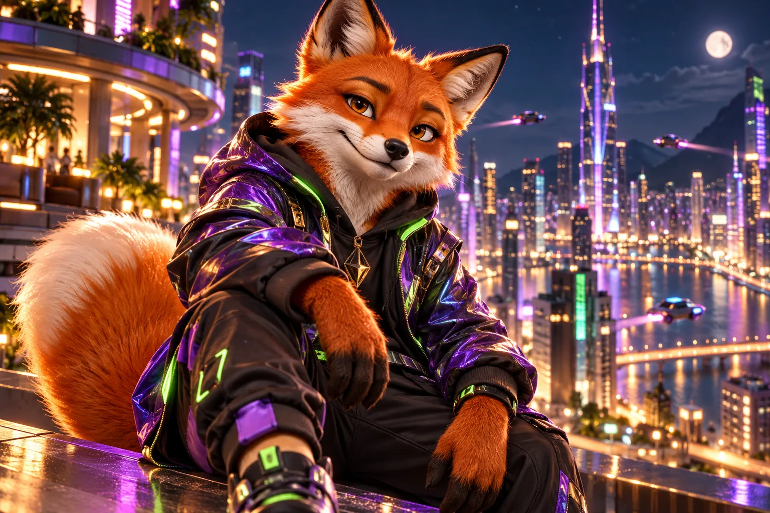 Raposa estilizada em roupa violeta diante de cidade futurista
