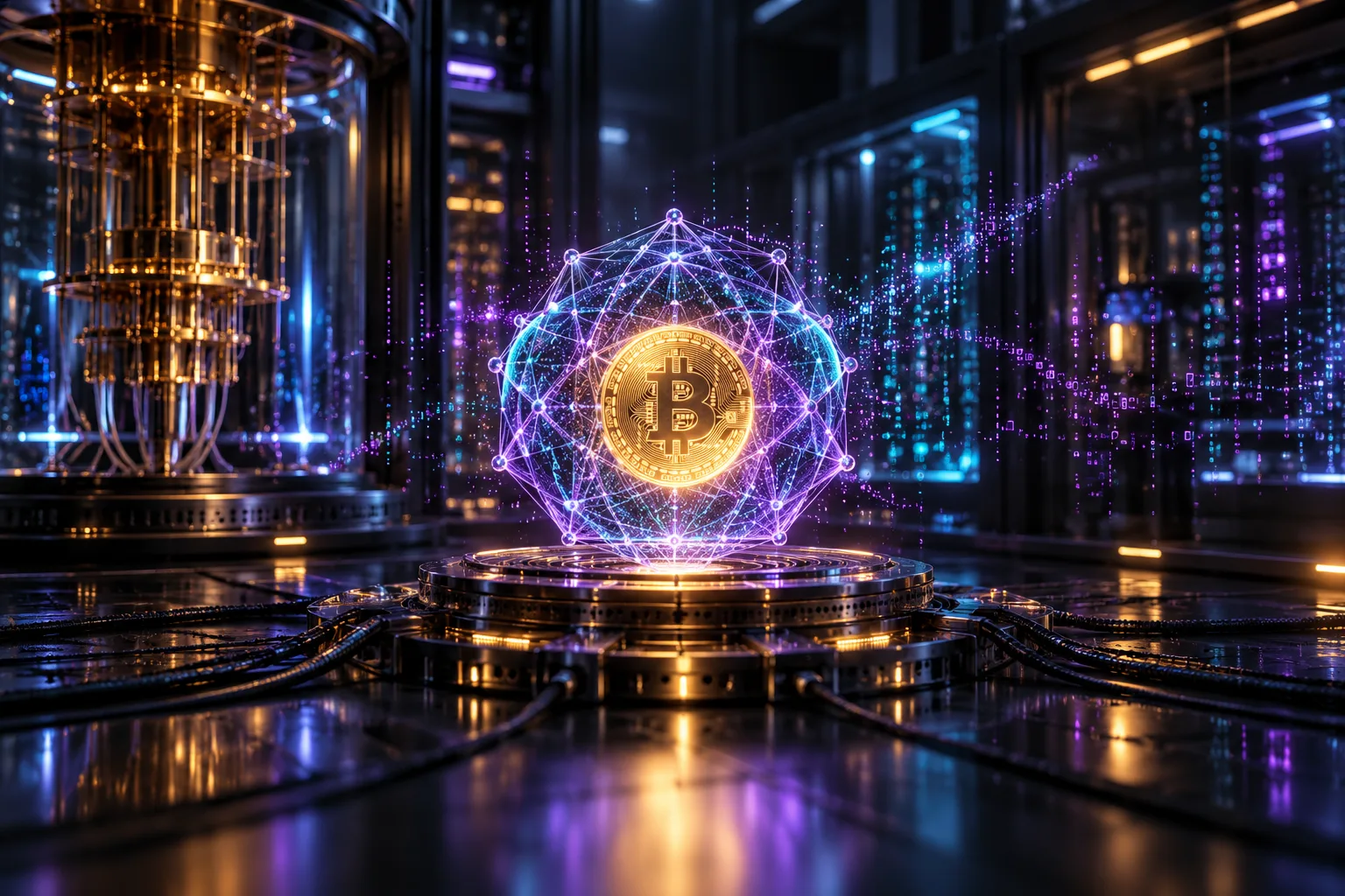 Arte conceitual de software criptográfico experimental com moeda digital e malha luminosa