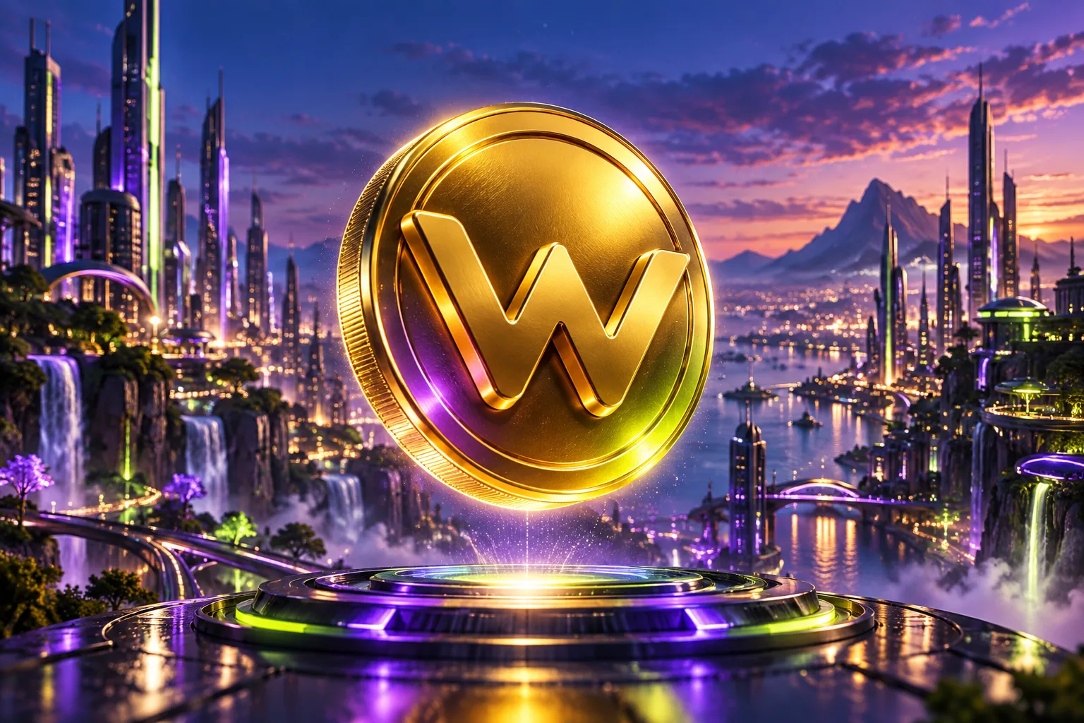 Arte conceitual cinematográfica de uma moeda dourada WFC em cidade futurista